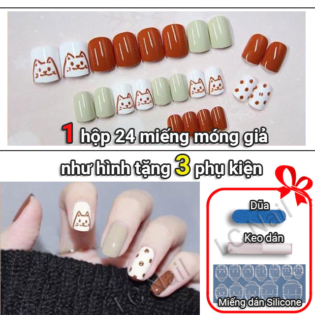 Móng Tay Giả Học Sinh R049 Họa Tiết Mèo Cute - Hộp Nails 24 Móng Tay + Dũa + Miếng Dán Silicon - Lc Nail