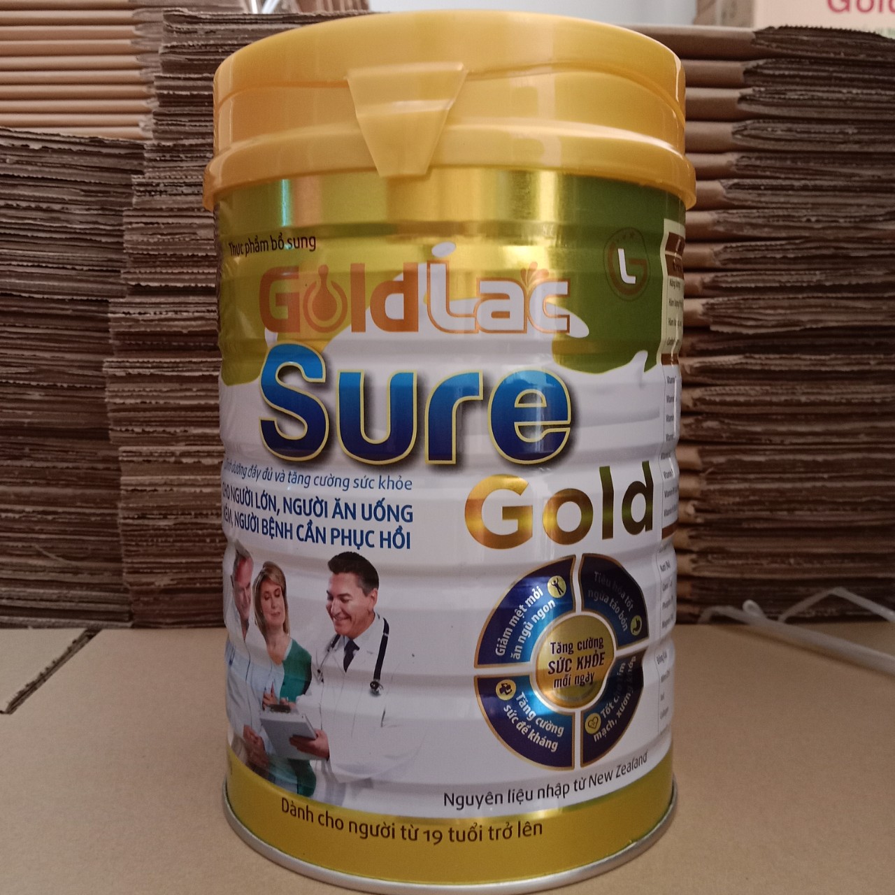 Sữa cho người già phục hồi sức khỏe Goldlac Sure Gold Hộp 900g (Giải pháp dinh dưỡng cho người cao tuổi người ốm người ăn uống kém nhanh phục hồi sức khỏe tăng cường đề kháng)