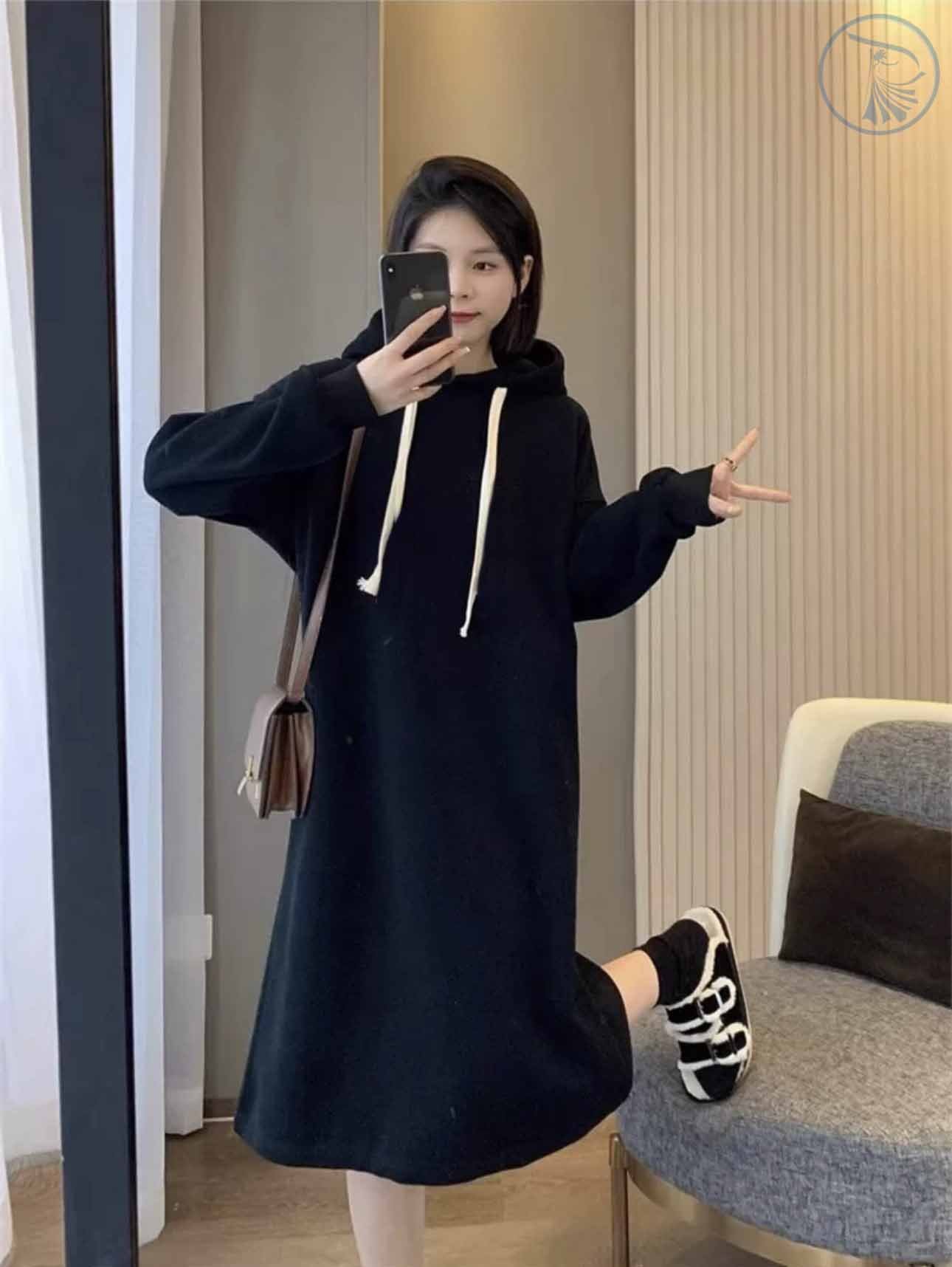 Váy hoodie nữ ANZI đầm thể dáng xuông form rộng dài tay kẻ sọc có mũ xẻ tà  chất UMI dày dặn chắc nịch GDC0098 | Shopee Việt Nam