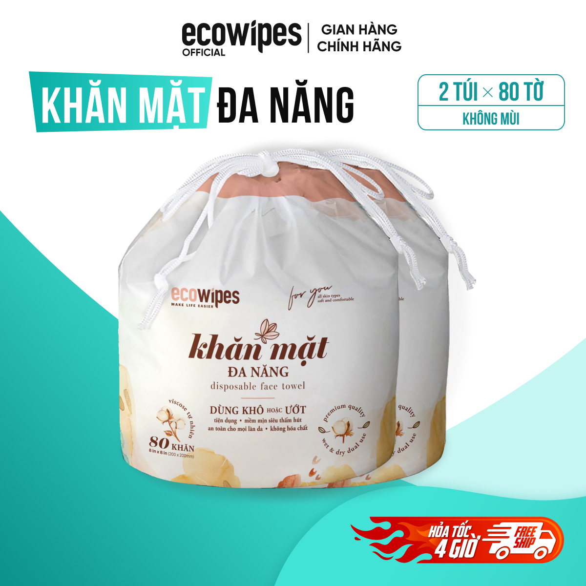 Khăn mặt khô đa năng cao cấp EcoWipes cuộn 80 tờ không mùi size khăn 20x20cm siêu tiết kiệm
