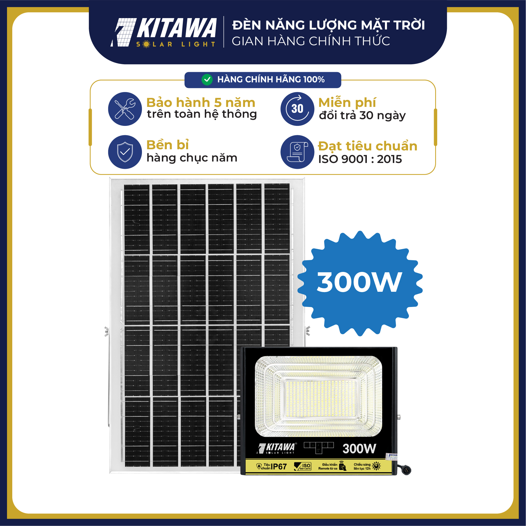 Đèn Pha Năng Lượng Mặt Trời 300W BDP27.300 KITAWA Siêu Sáng Chống Nước IP67