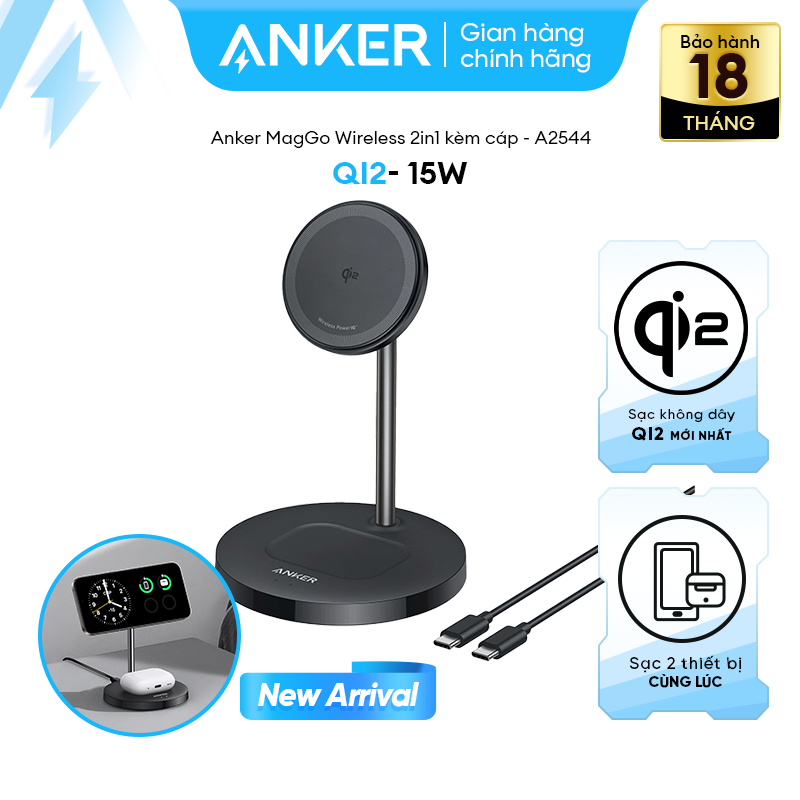 Đế sạc Anker MagGo Stand 2in1 15W | Đạt chuẩn sạc nhanh không dây Qi2 15W mới nhất | Sạc 2 thiết bị