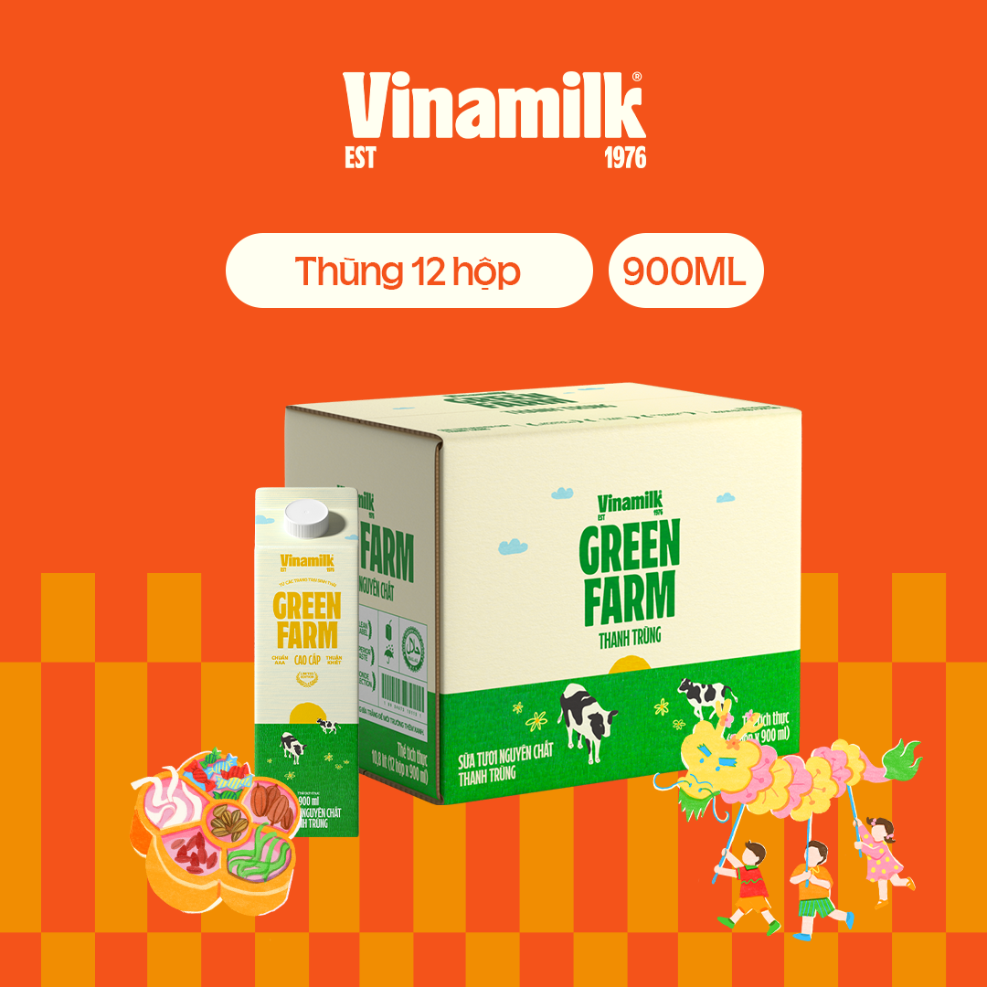 Thùng 12 Hộp Sữa tươi thanh trùng Vinamilk Green Farm Nguyên Chất Hộp 900ml