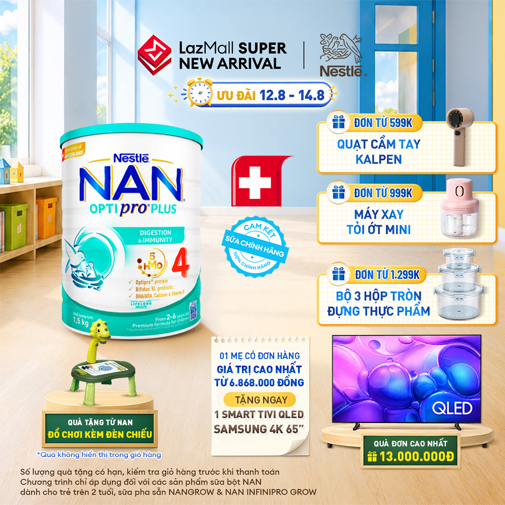 [CHỈ 12-14.08 QT ĐƠN 599K/999K/1299K] [Tặng Đồ chơi kèm đèn chiếu hoạt hình] Sữa bột Nestlé NAN OPTIPRO PLUS 4 1500g/lon với 5HMO Giúp tiêu hóa tốt