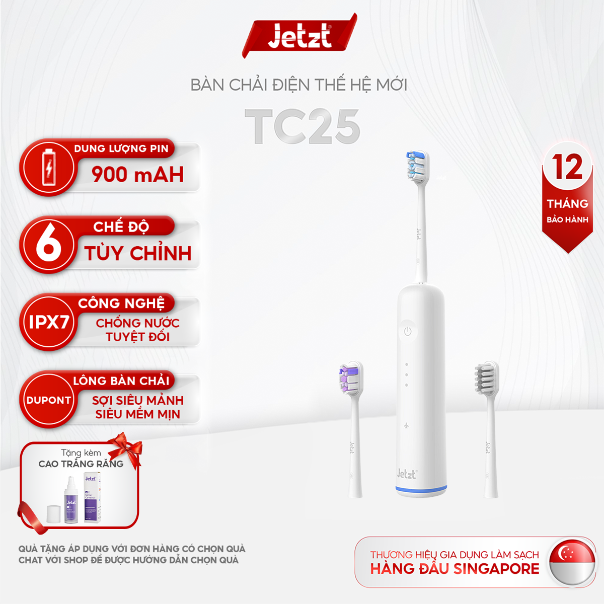 Bàn chải điện công nghệ mới Jetzt TC25 chế độ rung 66.000 lần/phút đầu chải xoay 45 độ làm sạch răng