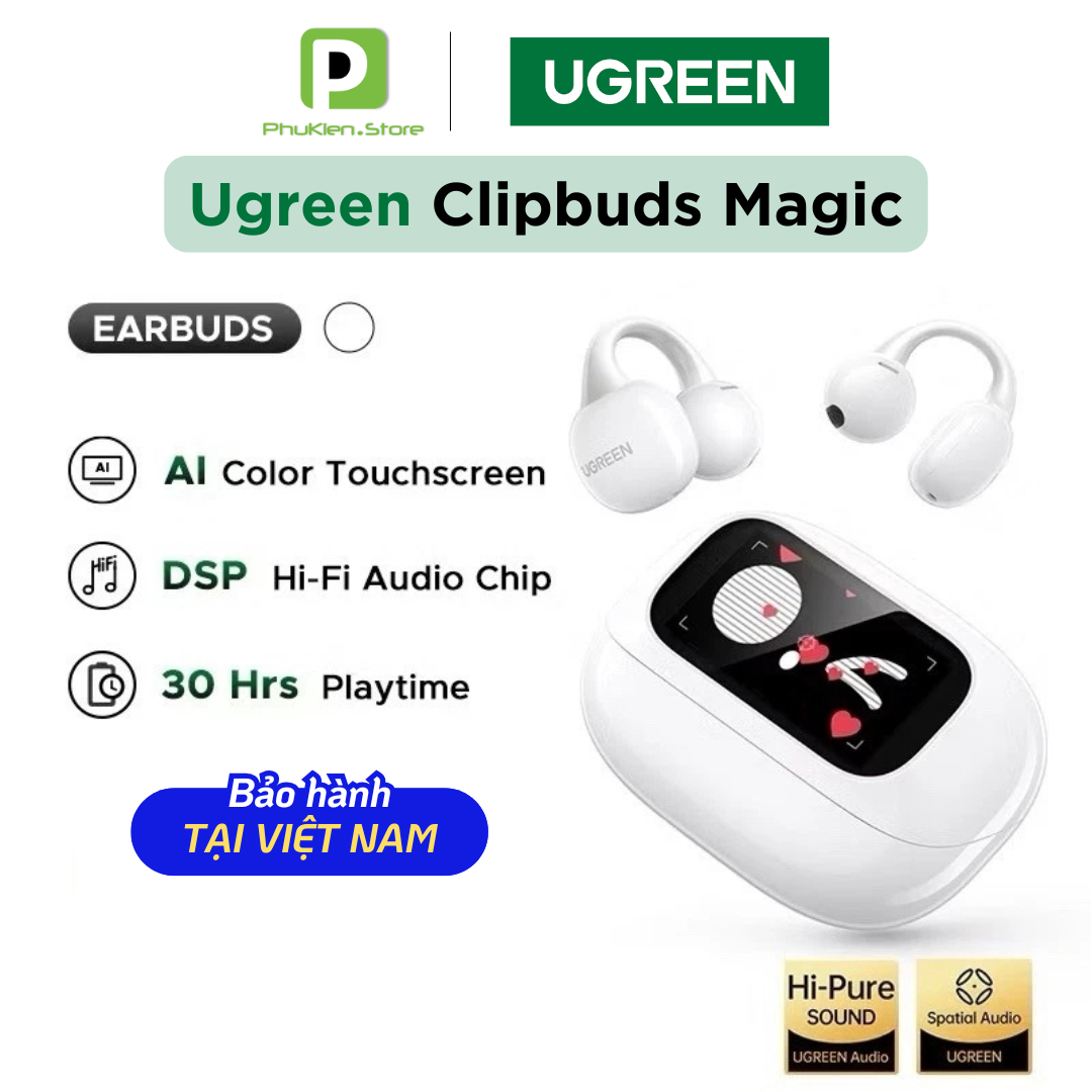 Tai nghe Bluetooth 5.4 Kẹp tai Ugreen ClipBuds Magic | Màn hình màu | Kết nối 2 thiết bị | WS208