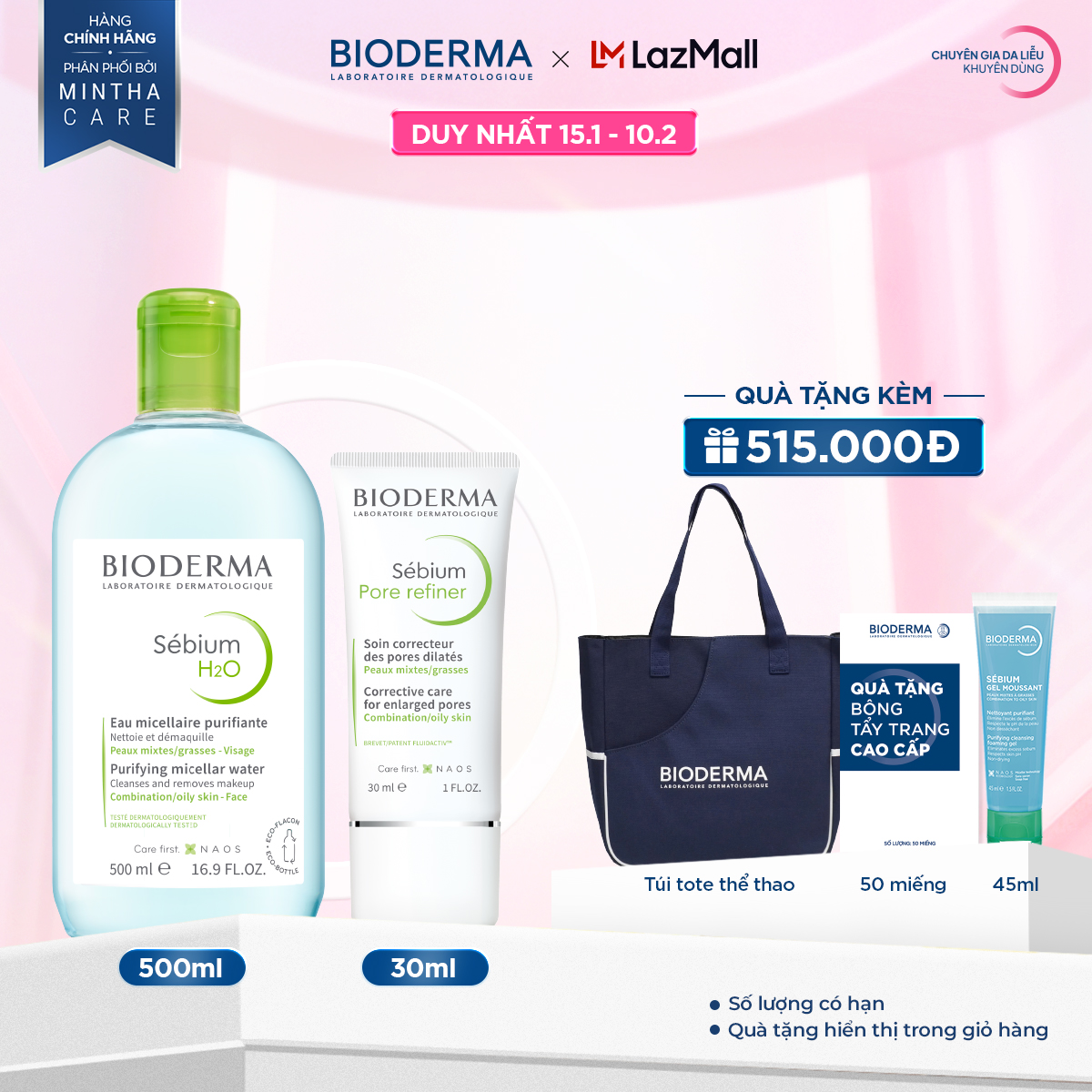 Bộ đôi làm sạch Micellar cho da hỗn hợp và da dầu Bioderma Sebium H2O 500ml và Kem dưỡng se lỗ chân