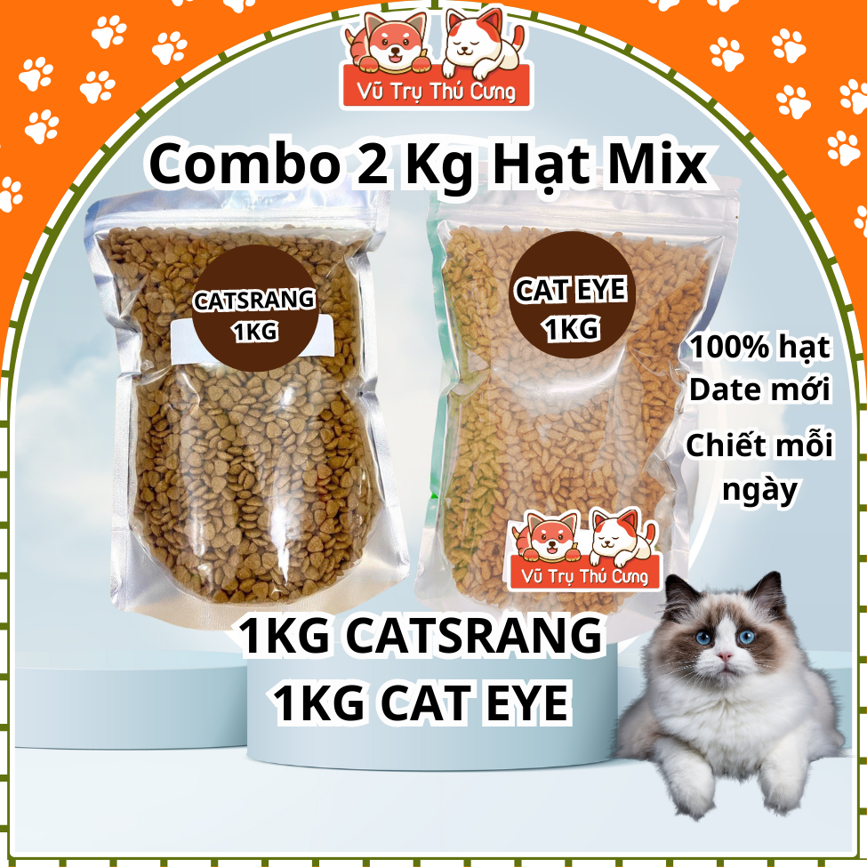 Combo 2Kg hạt Mix Catsrang và Cat Eye Hàn Quốc dành cho mèo biếng ăn tiêu búi lông