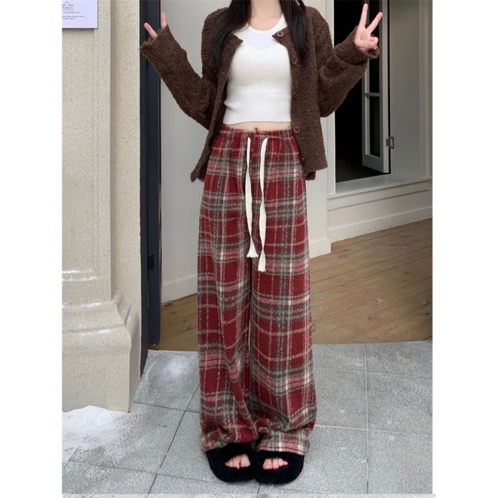 Quần NỈ DẠ LÔNG ống rộng kẻ karo kiểu dáng thời trang thịnh hành bên Hàn Quốc Thái Lan Trung Quốc Vả