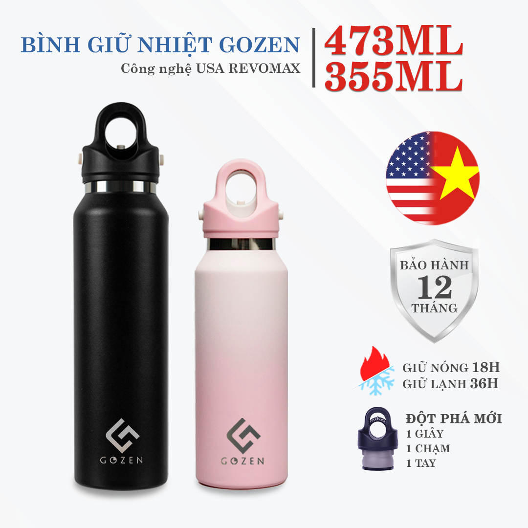 Combo 2 bình giữ nhiệt Gozen 473ml và 355ml đóng mở một giây chỉ cần một tay Twist-Free Revomax bảo 