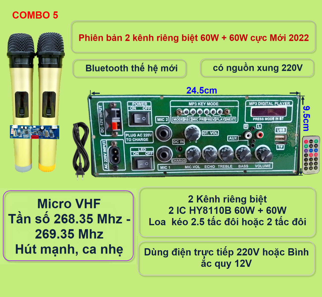 Mạch loa kéo 2 kênh riêng biệt 2 IC HY8110B 60W + 60W có nguồn xung 220V – Bluetooth thế hệ mới kèm micro đôi