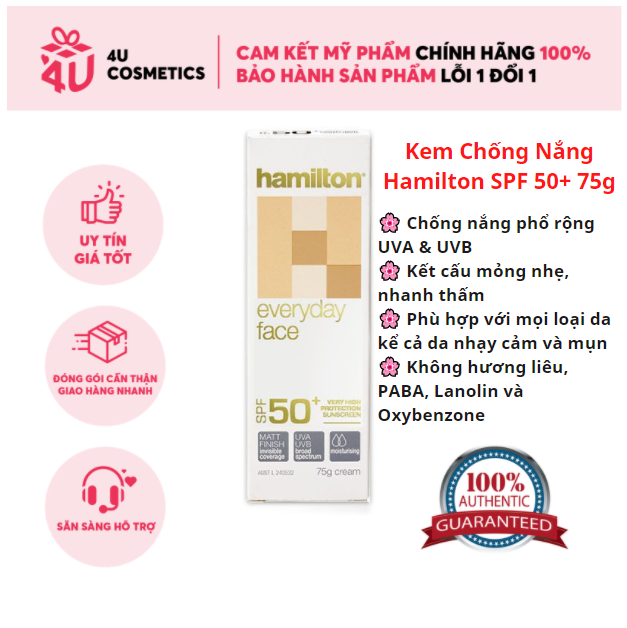 Kem Chống Nắng Úc Hamilton Spf 50+ Everyday Face Cream 75G