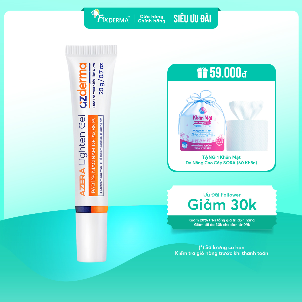 Gel giúp hỗ trợ giảm thâm mụn Azderma cấp ẩm làm sáng và giúp đều màu làn da Azera Lighten ɡel Azder