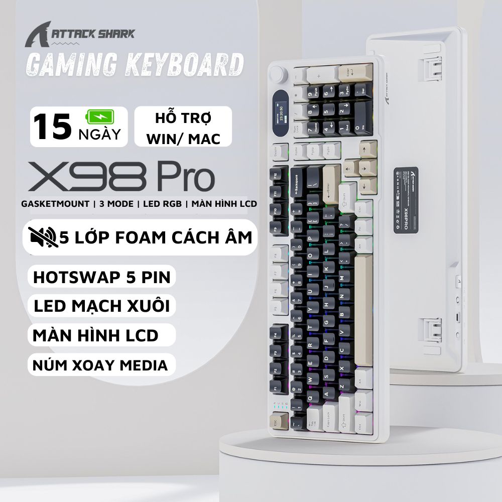 Bàn Phím Cơ Bluetooth Attack Shark X98 PRO MAX Có Màn Hình 3 Mode cho máy tính laptop pc