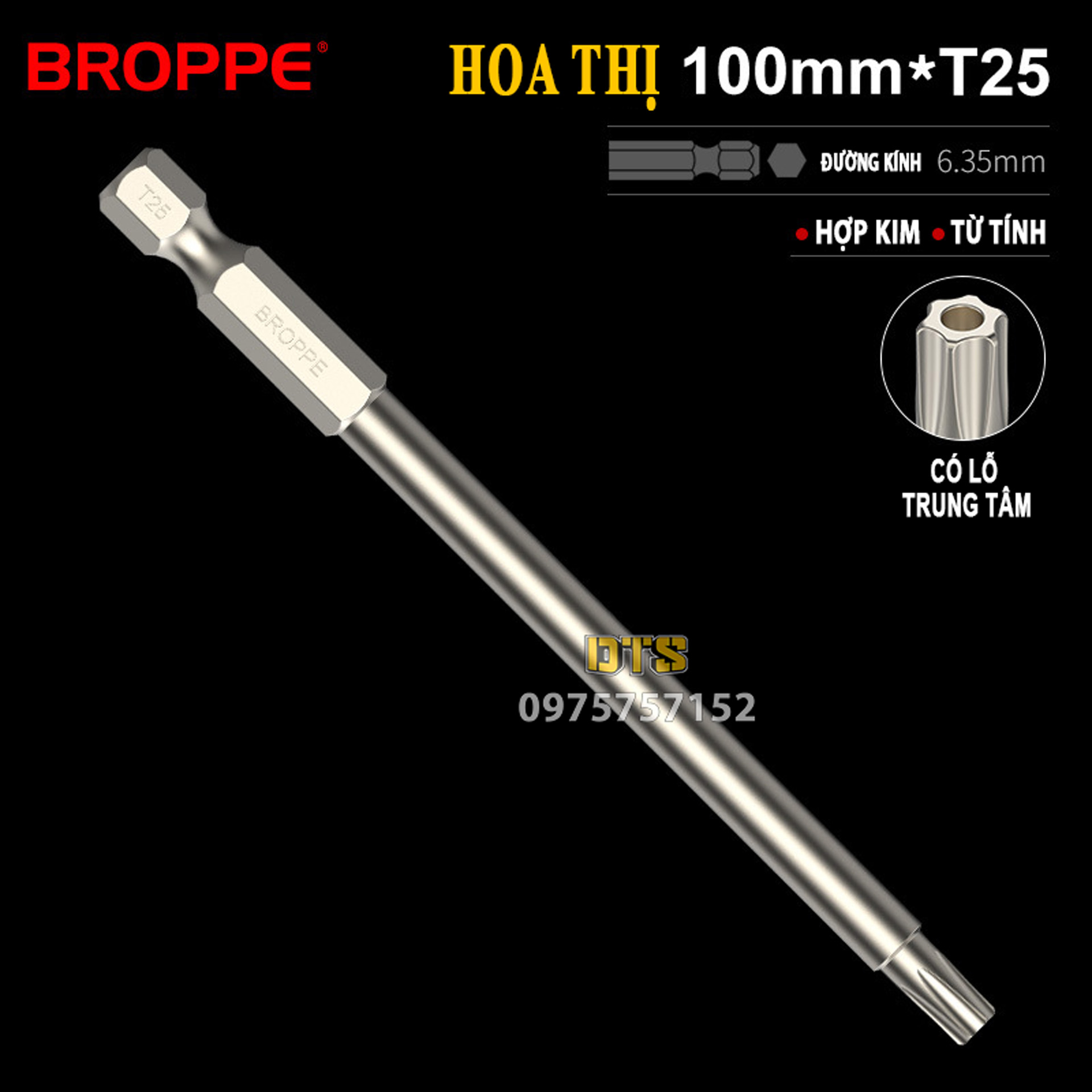 Mũi hoa thị có lỗ từ tính dài 100mm BROPPE | Mũi vít hoa thị chuôi lục giác ngắn 6.35mm nam châm trợ