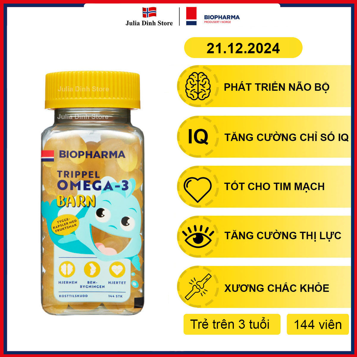 Viên nhai bổ sung DHA trẻ em Trippel Omega-3 Barn Biopharma (hộp 144 viên)