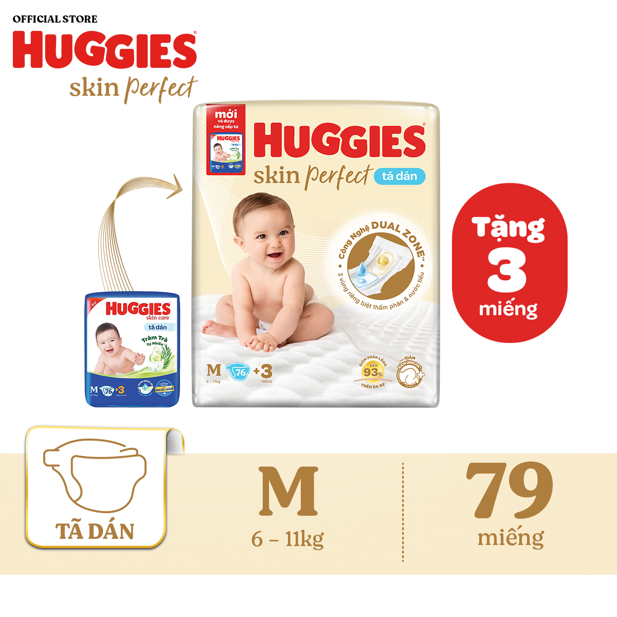 [20h 7-10.8 QUÀ TẶNG ĐƠN 0Đ] Tã dán Huggies Skin Perfect Super Jumbo M76+3 miếng