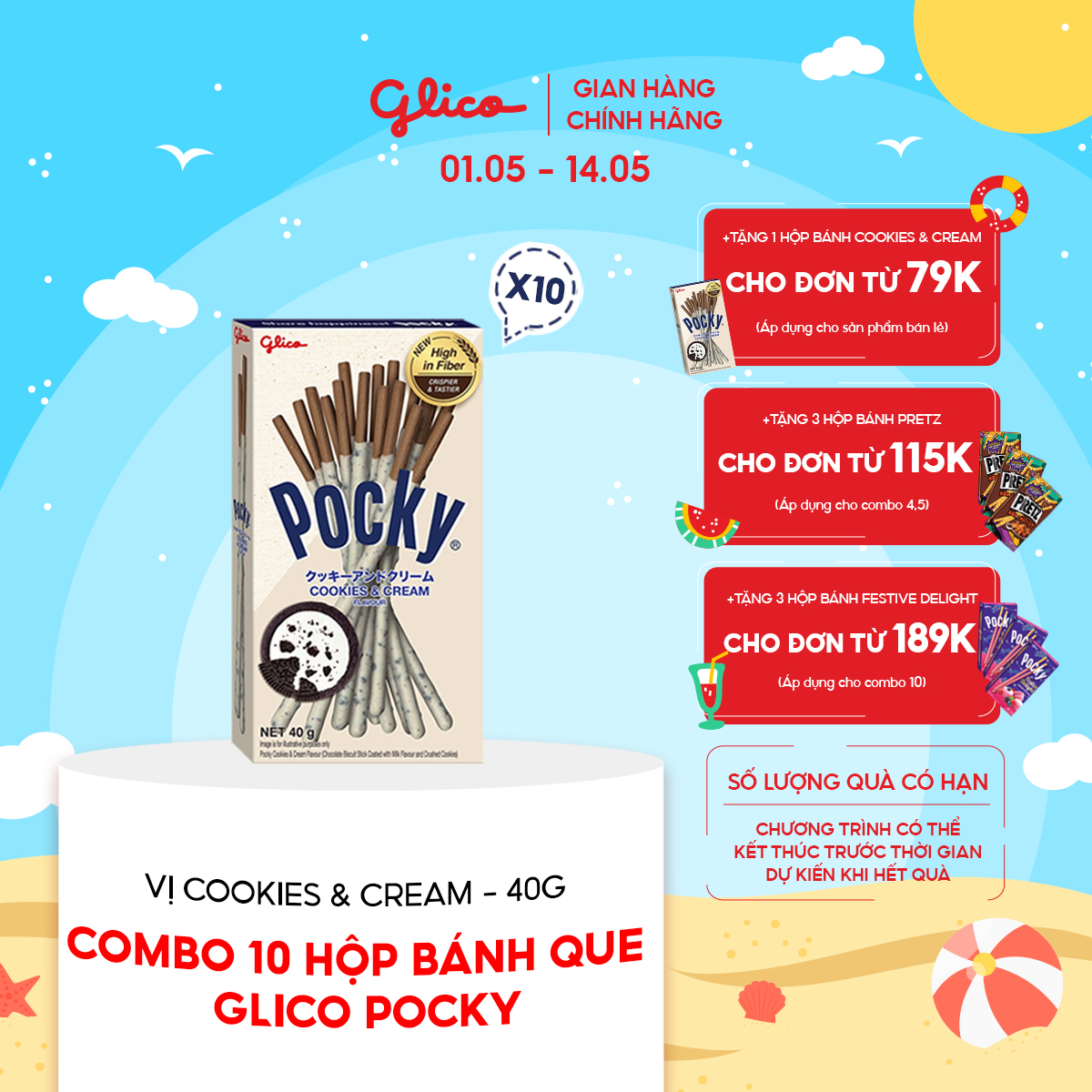 Combo 10 Hộp Bánh Que Glico Pocky Cookies &amp; Cream 40G