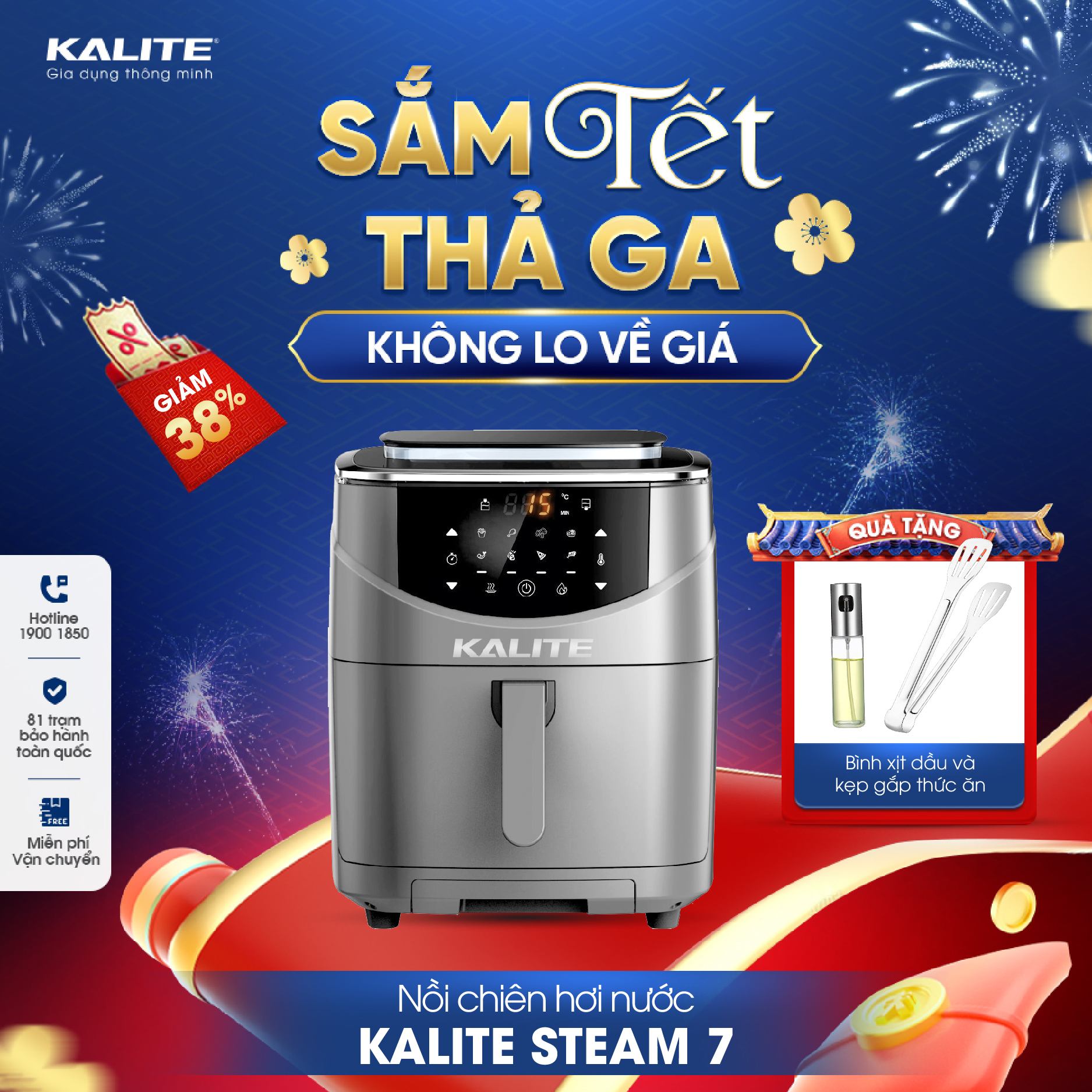 Nồi chiên hơi nước Kalite Steam 7 dung tích 7L công suất 1700W công nghệ chiên hấp 2 trong 1 tiện hợ