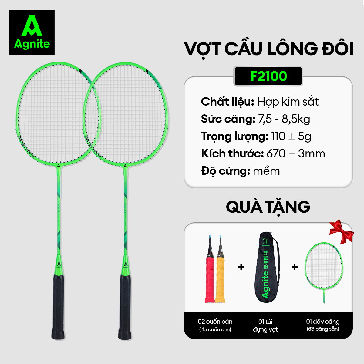 Bộ 2 vợt cầu lông giá rẻ chính hãng Agnite bền nhẹ tặng kèm túi vợt và quả cầu lông - ER301/ER302