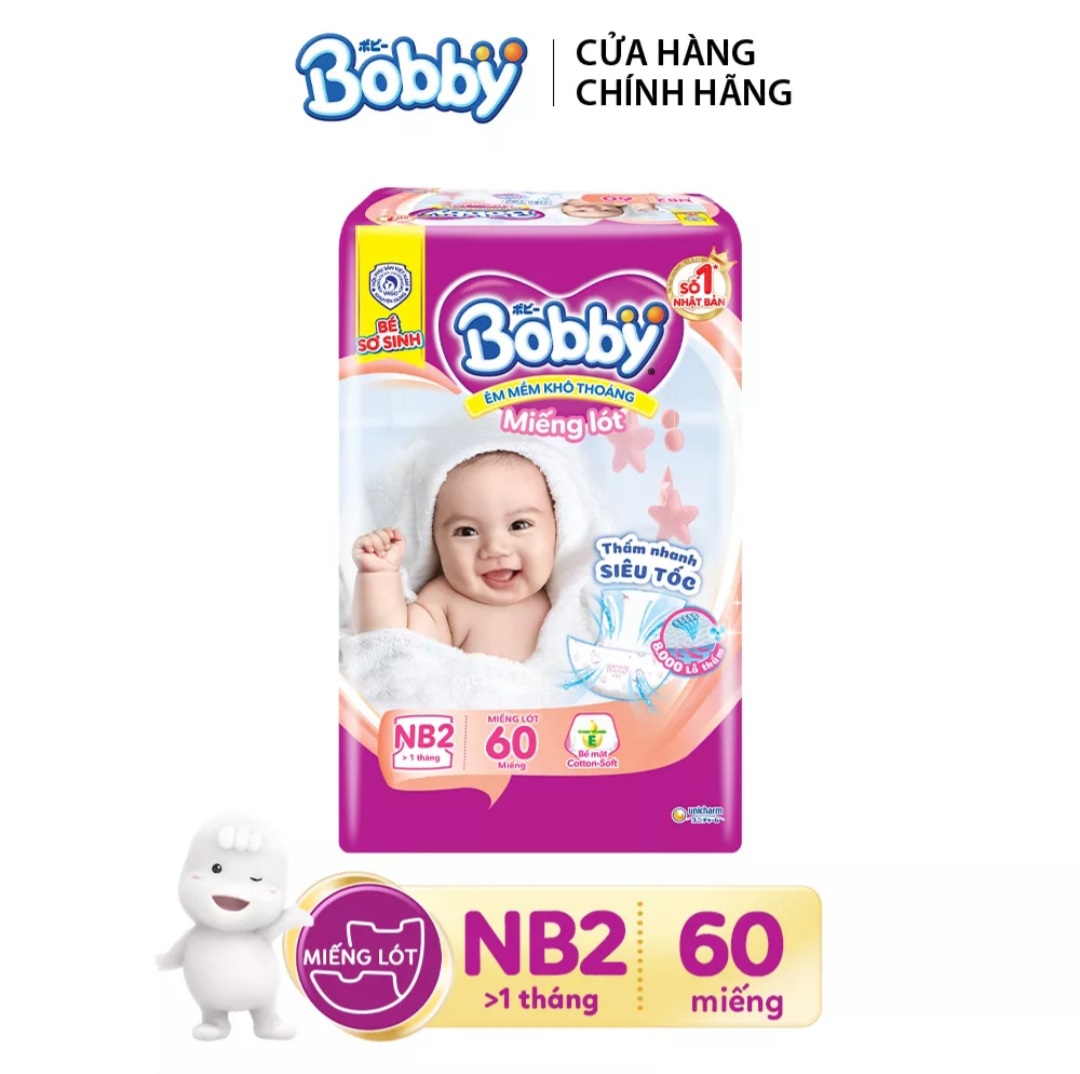 Miếng lót tã sơ sinh Bobby Newborn số 2-60 miếng hoặc 40 miếng dành cho trẻ trên 1 tháng tuổi