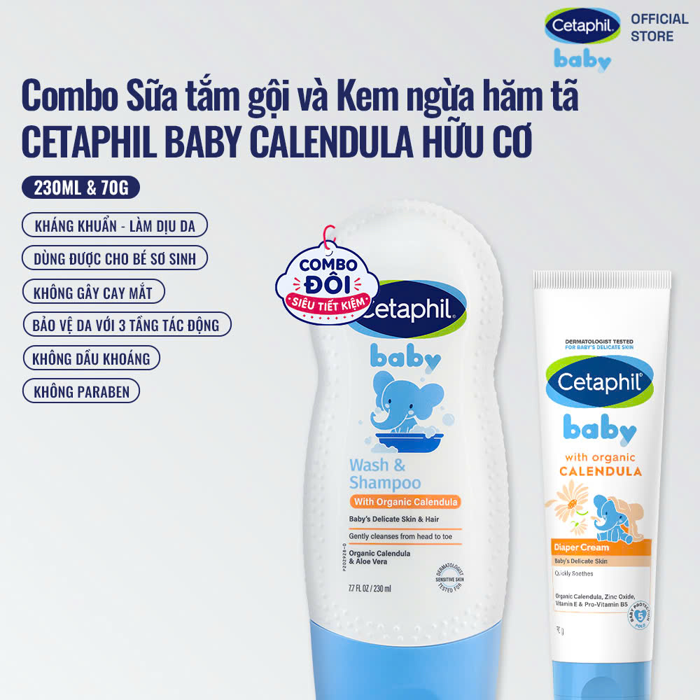 Combo Sữa tắm dưỡng ẩm dịu lành cho bé với Calendula hoa cúc hữu cơ CETAPHIL BABY W&SHAMPOO CALENDULA 230ML & Kem chống hăm tã dịu lành CETAPHIL BABY DIAPER CREAM CALENDULA 70G