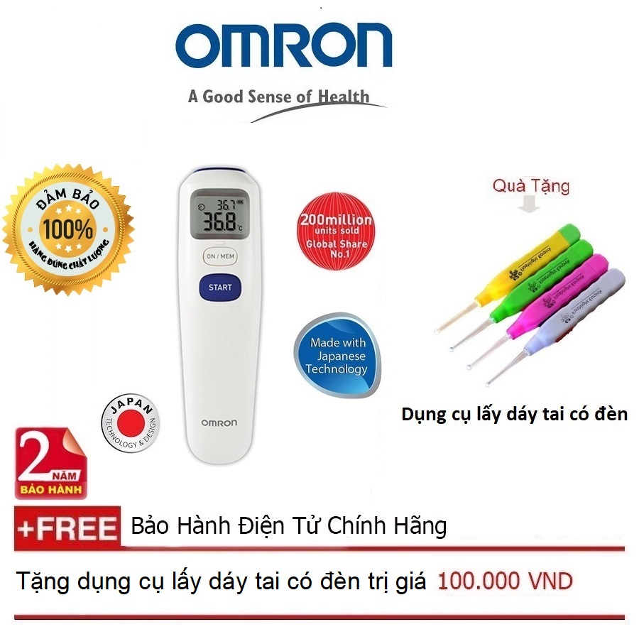 Nhiệt Kế Đo Trán Omron Mc - 720 Quà Tặng Dụng Cụ Lấy Ráy Tai Có Đèn