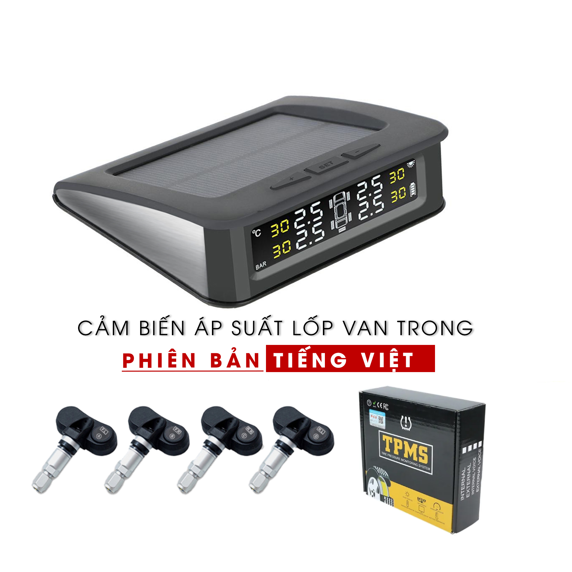 Cảm biến áp suất lốp ô tô xe hơi cảnh báo Tiếng Việt tuyệt vời TPMS Bản Cao Cấp Màn Hình Màu LCD phiên bản van trong và van ngoài cao cấp