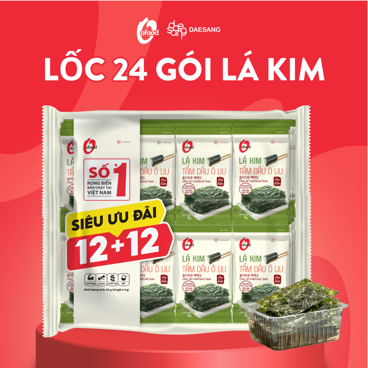 [Siêu Tiết Kiệm] Lốc 24 gói Rong Biển Lá Kim O’Food Ô Liu 4G - Ăn Liền Healthy