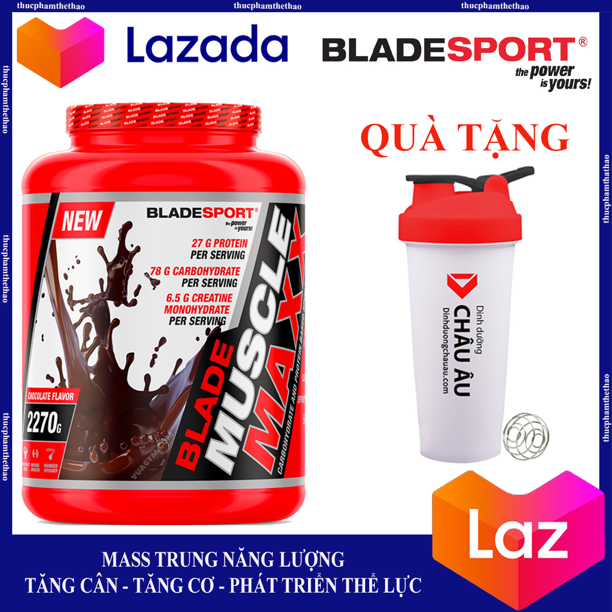 Sữa Tăng Cân Tăng Cơ Muscle Maxx 2270G - Tặng Bình Lắc Lò Xo - [Mass Trung Năng Lượng - Tăng Cân - Tăng Cơ Vuột Trội]