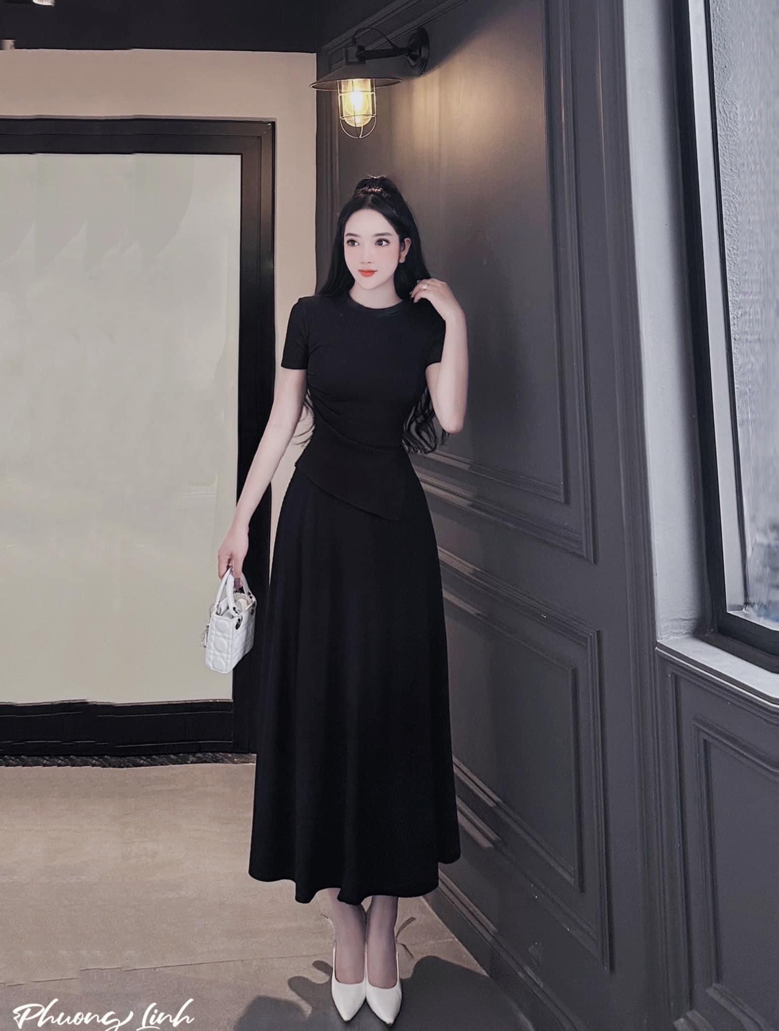 Set tăm lạnh áo thun tay ngắn tà lệch mix chân váy xoè dáng dài Set bộ nữ 2 món áo thun tà nhọn ôm b