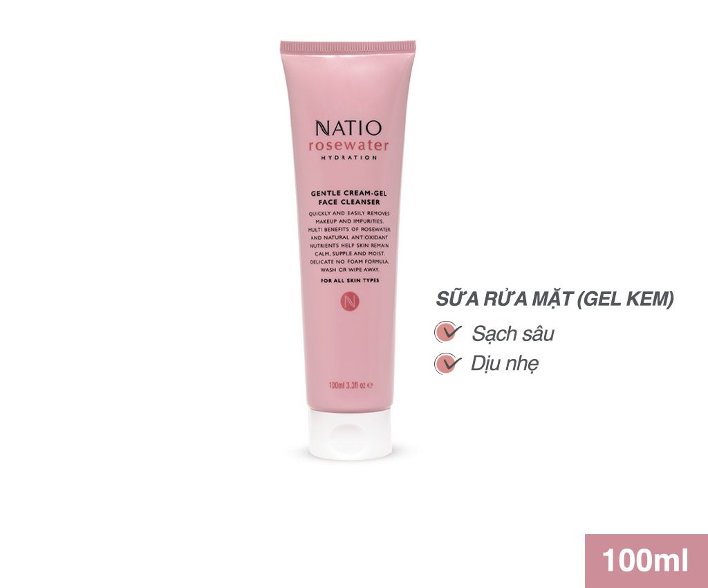 Sữa Rửa Mặt Dịu Nhẹ Dưỡng Ẩm Da Dạng Gel Kem Natio Rosewater Hydration Gentle Cream - Gel Face Cleanser 100Ml