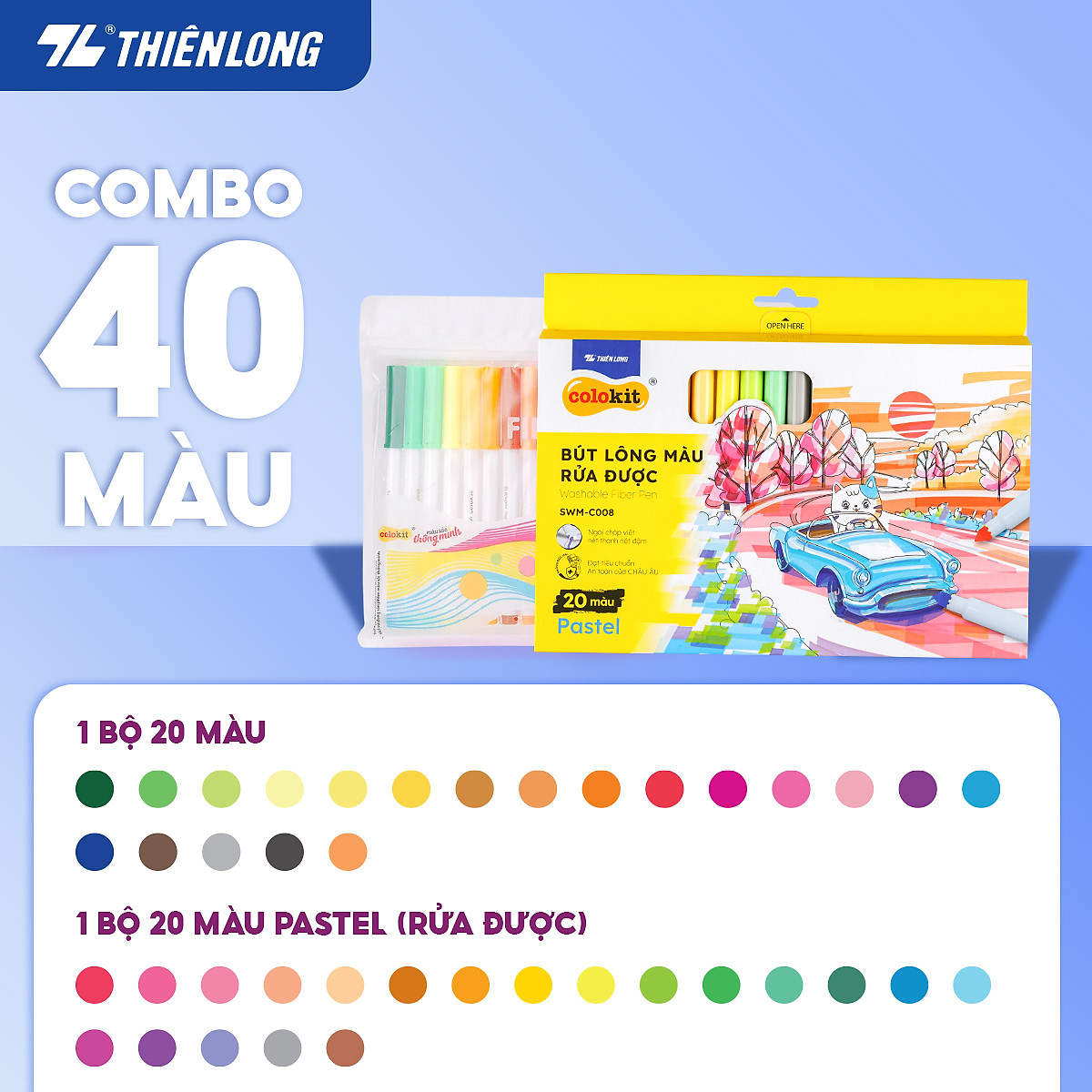 Bút lông màu Fiber Pen Thiên Long Colokit - Combo bút lông màu 40/56/76 cây ngòi cao cấp dễ dàng rửa