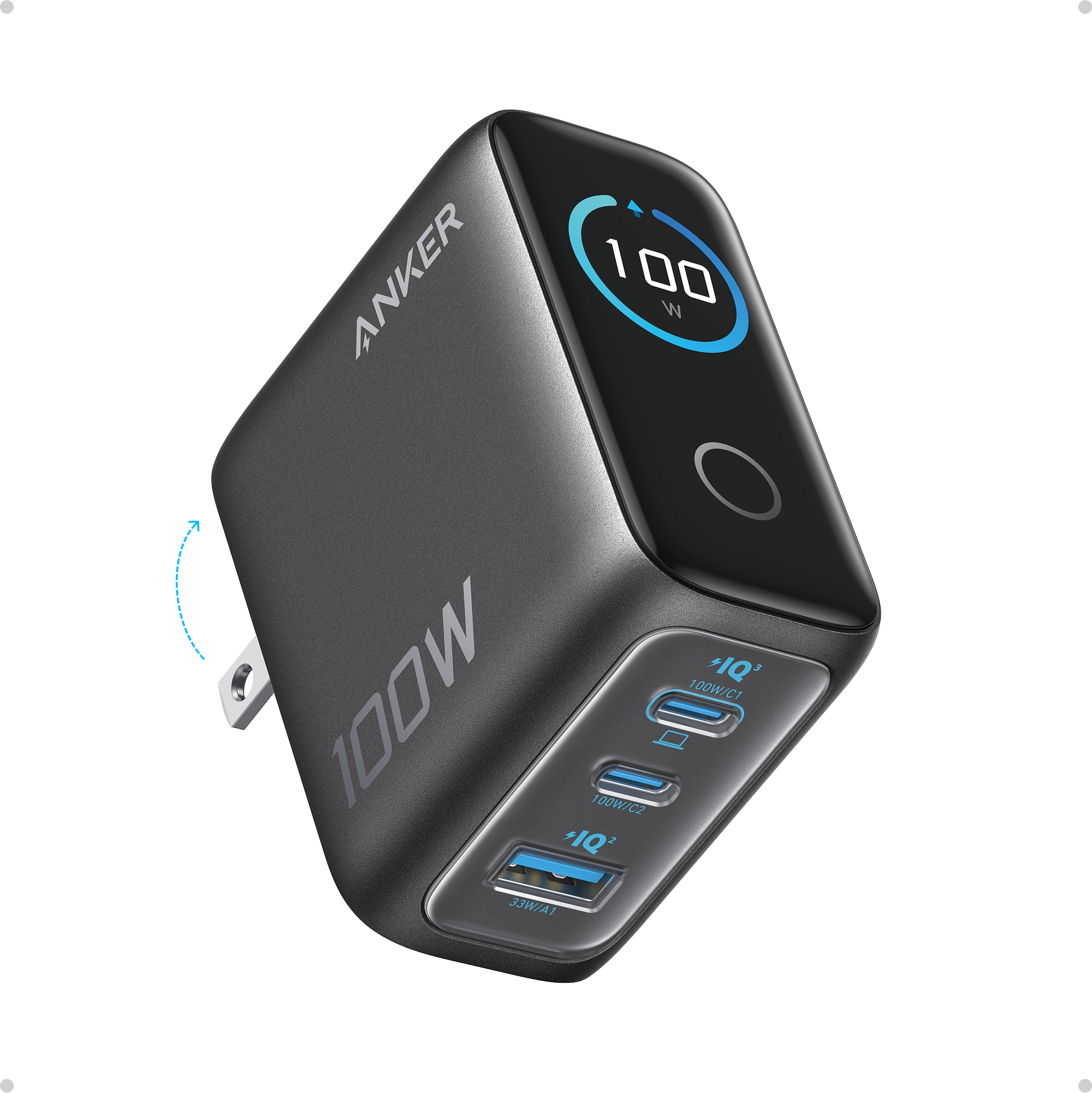 Anker 100W 3 Ports GaN Charger Multi-Device Fast Charging Smart Display for iPhone 17/ 17 Air/ 17 Pr