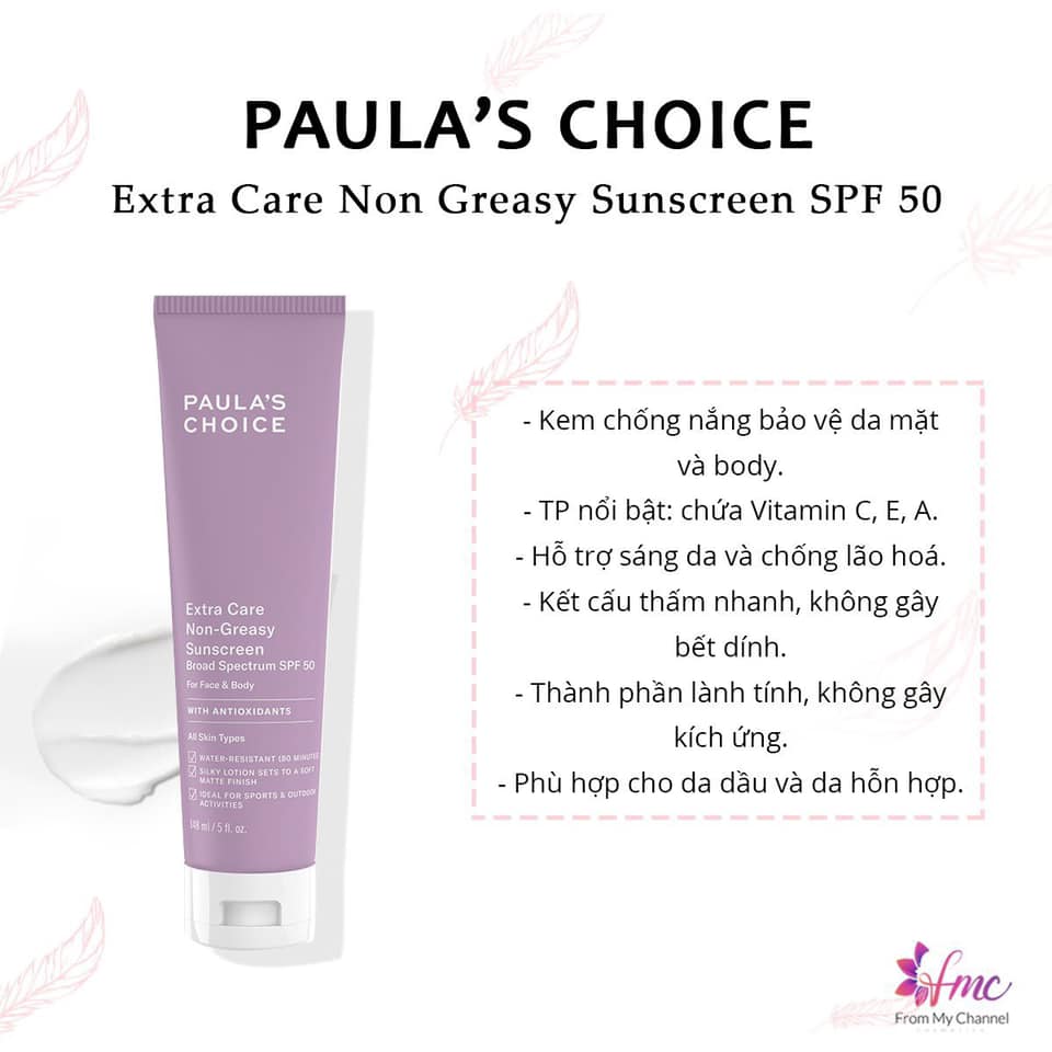 Kem Chống Nắng Siêu Chịu Nước Paula’s Choice Extra Care Non - Greasy Sunscreen Spf 50 148Ml