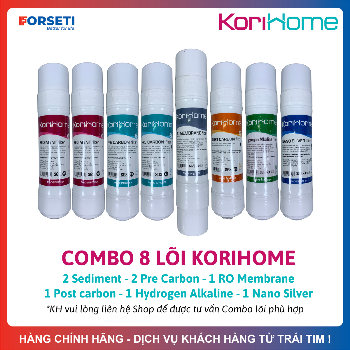 Combo 8 Lõi Lọc Korihome Gồm 2 Sediment + 2 Pre Carbon + 1 Màng RO Membrane + 1 Post Carbon + 1 Hydr