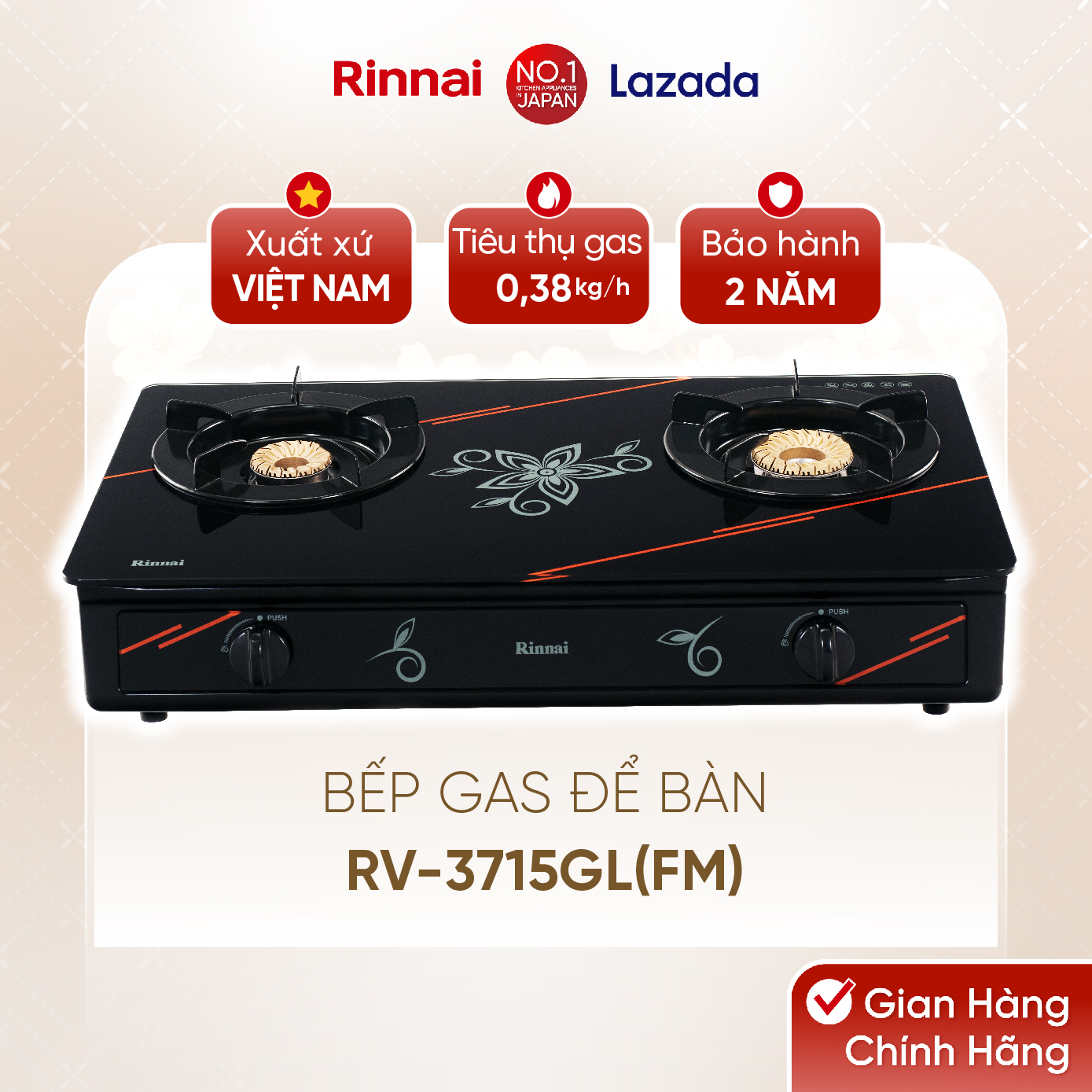 Bếp gas dương Rinnai RV-3715GL(FM) mặt bếp kính và kiềng bếp men - Hàng chính hãng.