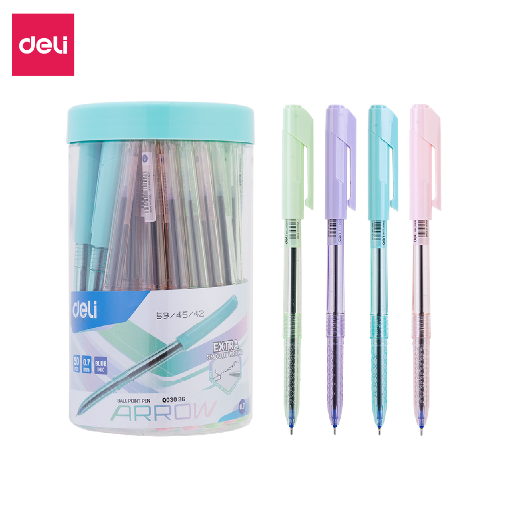 Hộp 50 chiếc Bút bi xanh màu pastel Deli ngòi 0.7mm bút bi nước bút gel mực xanh dạng bấm viết nét đ