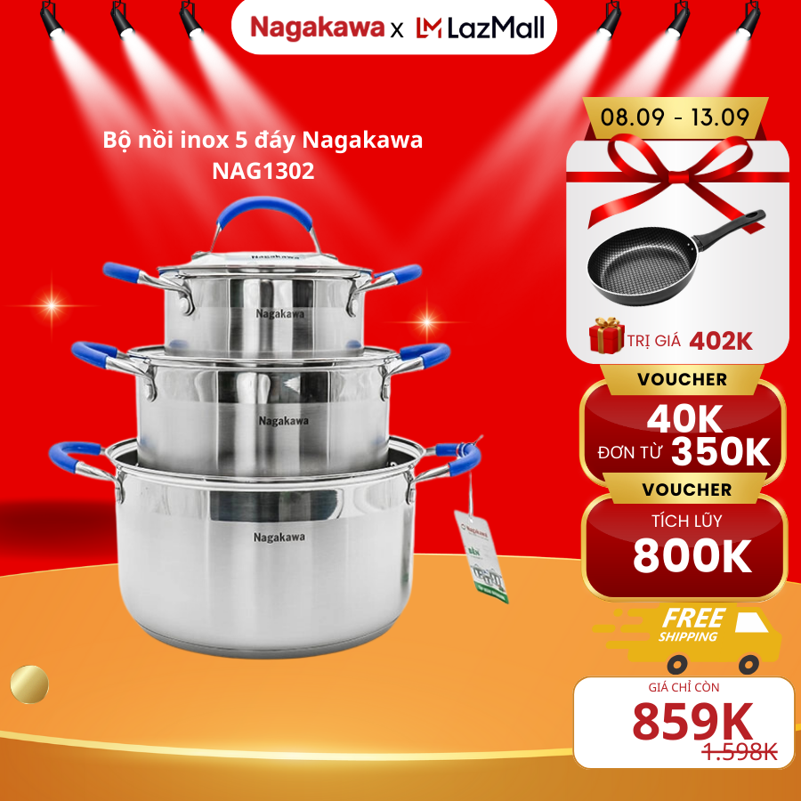 Bộ nồi inox Nagakawa NAG1302 5 đáy bắt từ inox 304 3 kích thước 16cm 20cm 24cm vung kính cường lực q