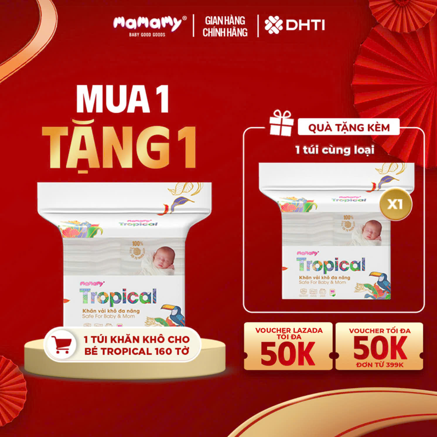 Khăn vải khô đa năng Mamamy Tropical cao cấp dành cho mẹ và bé 160 tờ/túi chất liệu vải 100% sợi tự 