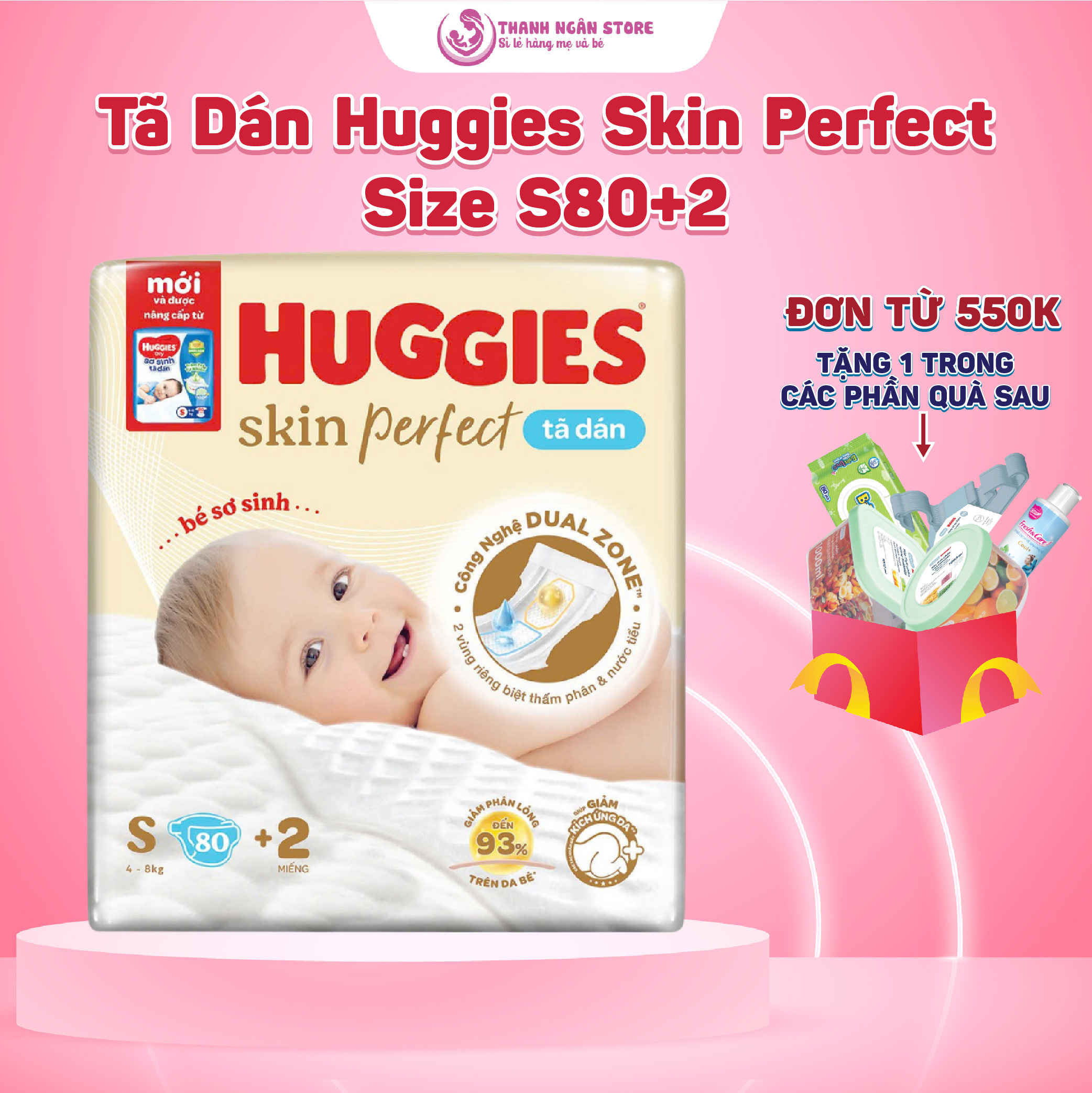 Tã Dán HUGGIES Skin Perfect Size S80+2 Miếng Cho Bé Từ 4 Kg Đến Dưới 8 Kg - Thanh Ngân Store