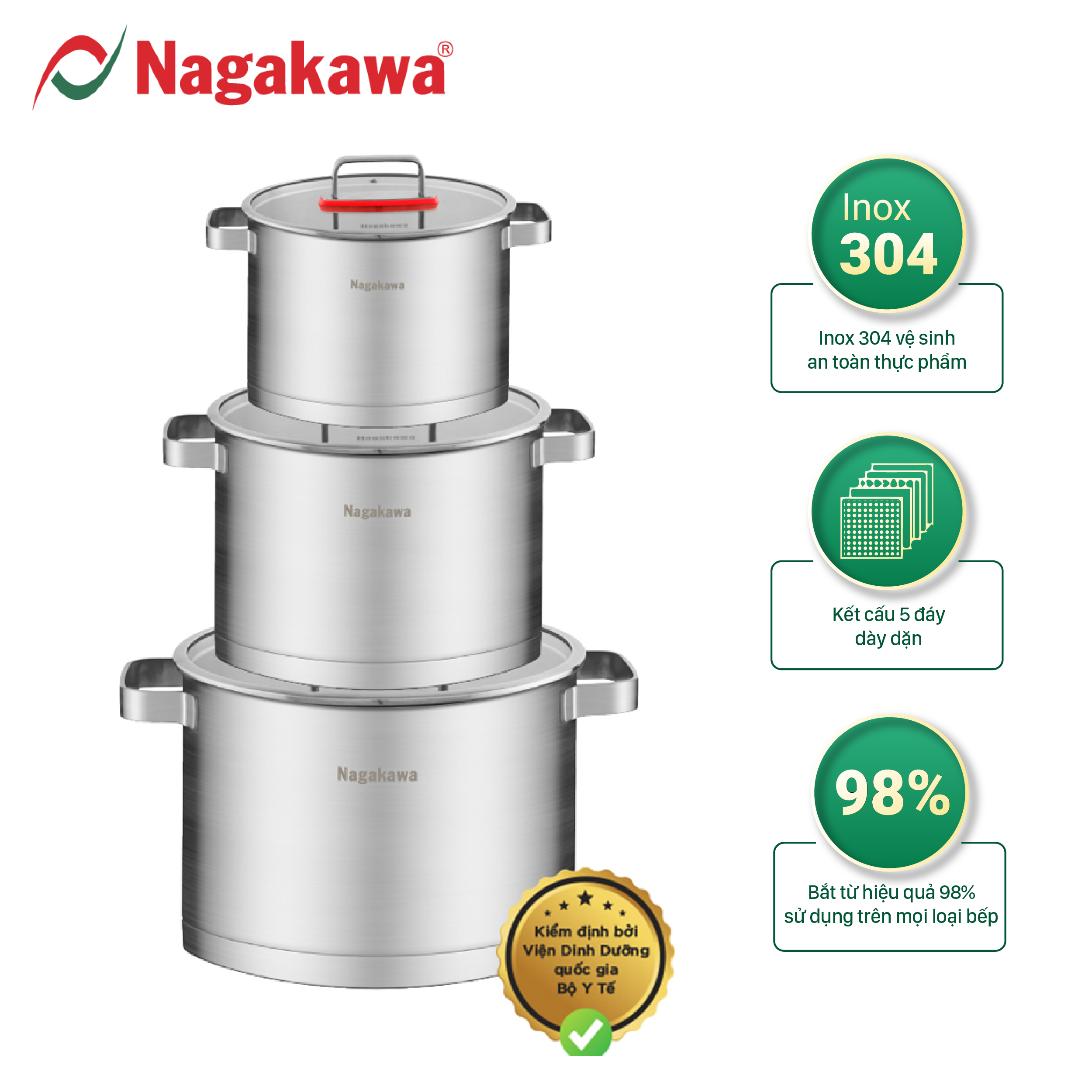 Bộ nồi Nagakawa Aki NAG1357 chất liệu inox 304 an toàn 3 kích thước 16cm 20cm 24cm vung kính cường l