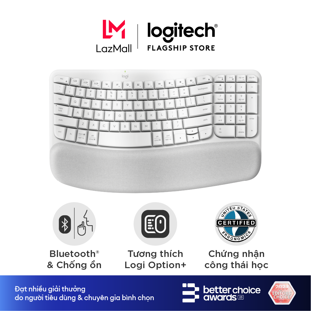 Bàn phím không dây công thái học Logitech Wave Keys - Kết nối Bluetooth Gác tay Windows MacOs