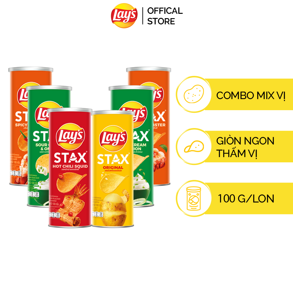 Combo 6 Lays Stax 100gr (gồm Tự nhiên Mực sốt cay 2 Tôm hùm nướng ngũ vị 2 Kem chua hành)