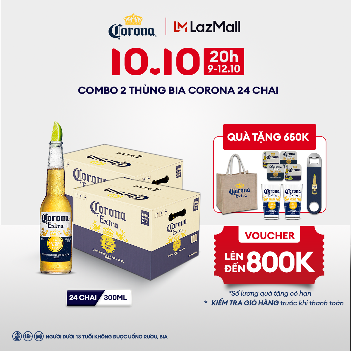 [20h 09.10 - 12.10 VC ĐẾN 400K+FS] Combo 2 Thùng 24 Chai Bia Corona (300ml/chai)