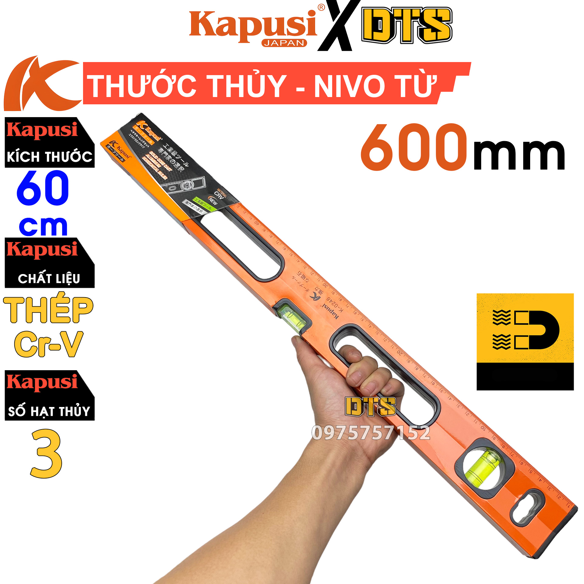 Thước thủy đế từ 60cm Kapusi cao cấp chính hãng| Thước nivo 600mm có nam châm thép CR-V siêu bền chí