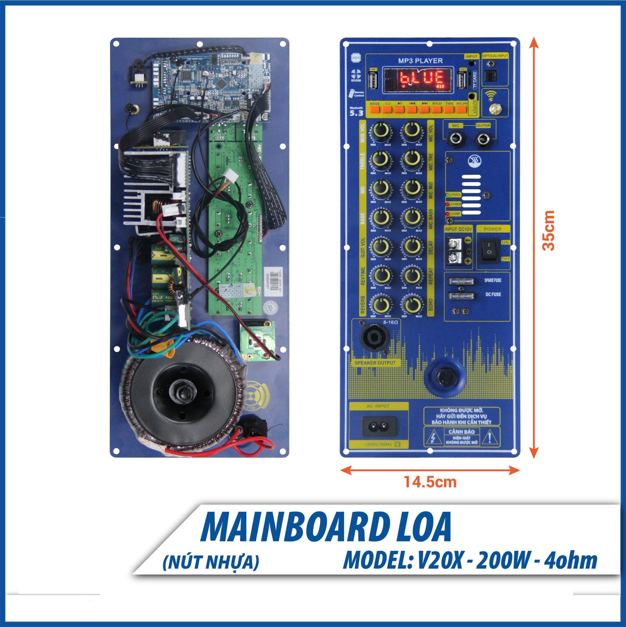 Bo Mạch Loa Kéo Nguồn Xuyến V20X có Reverb đánh Bass 4 tấc đôi 5 Tấc đơn kích thước 14.5 * 35