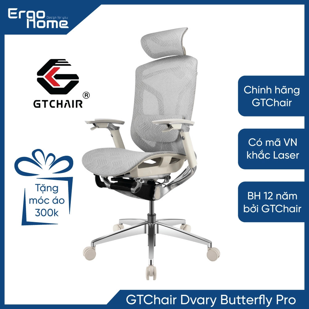 Ghế công thái học GTChair Dvary Butterfly PRO - Đệm lưng Auto Fit Tựa đầu 3D Bệ tì tay 5D Lưới 