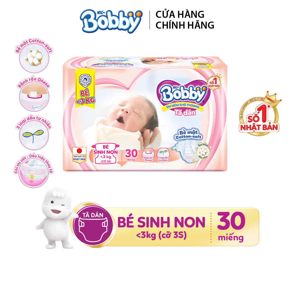 Tã dán Bobby 3S cho bé sinh non nhẹ cân <3kg -30 miếng