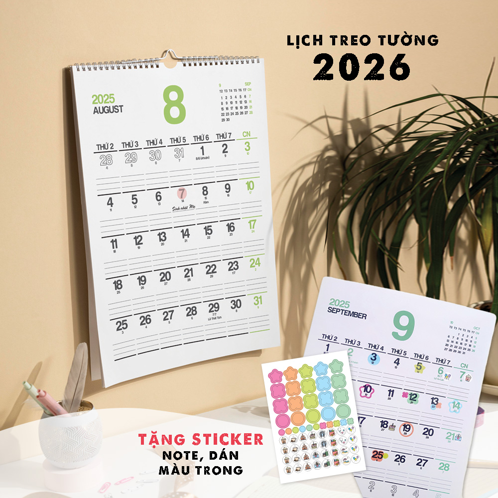 [2026]Lịch treo tường size 30x40cm 2026 - CÓ LỊCH ÂM (TẶNG STICKER NOTE) note ngày lễ Việt Nam ghi chú planner